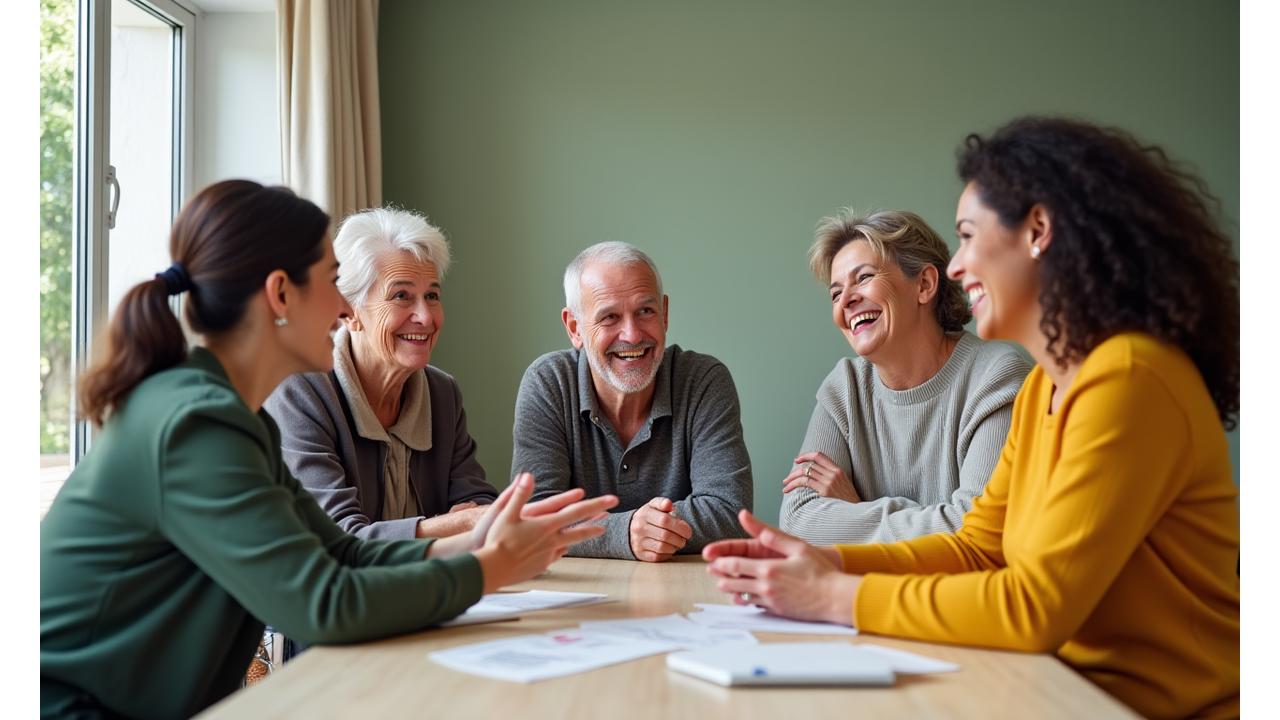 Diverse group of smiling adults engaging in a lively, supportive discussion in a bright, modern setting, symbolizing Vitality Crest's inclusive wellness community.