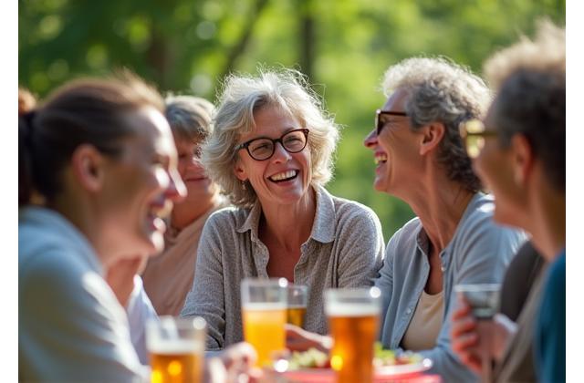 Diverse group of adults engaged in lively conversation and connection outdoors